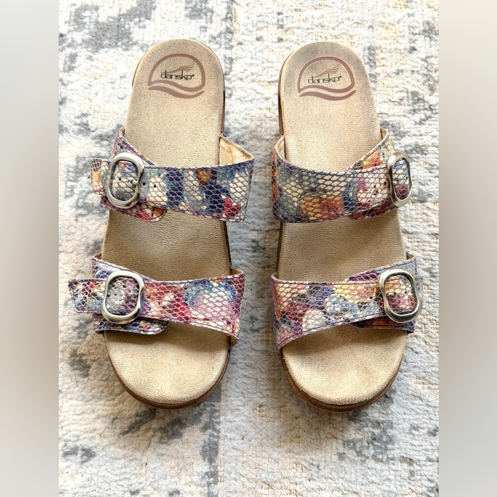 Dansko Multicolor Snake-Print Double-Buckle Slide Clogs/Sandals